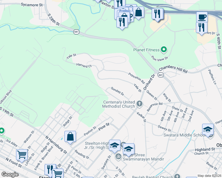 map of restaurants, bars, coffee shops, grocery stores, and more near 511 Sunday Drive in Harrisburg
