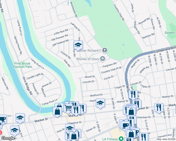 map of restaurants, bars, coffee shops, grocery stores, and more near 18 Round Hill Road in Camp Hill