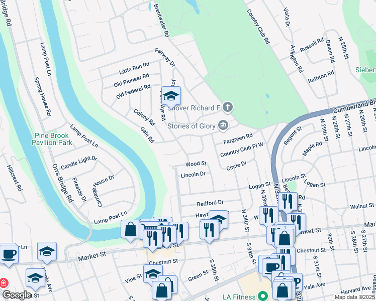 map of restaurants, bars, coffee shops, grocery stores, and more near 17 Round Hill Road in Camp Hill