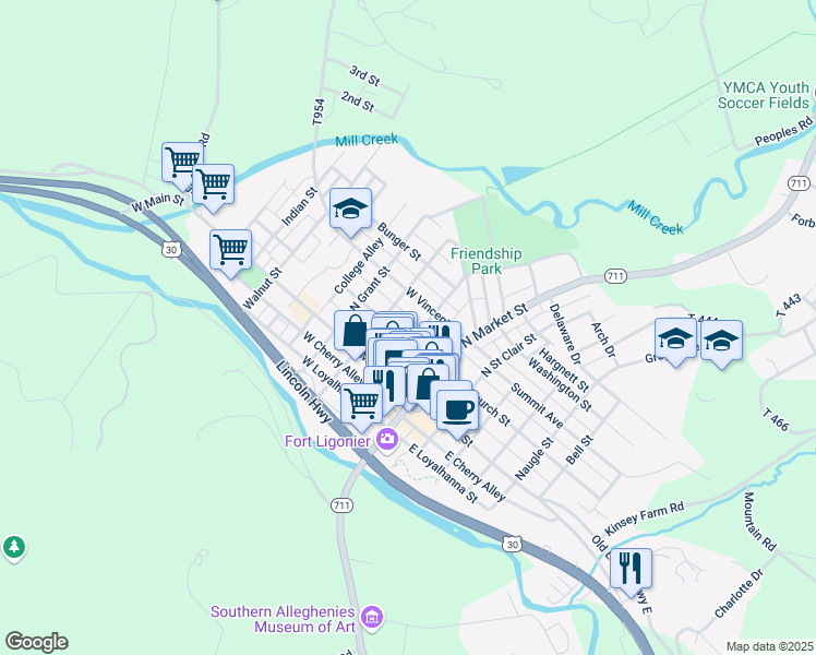 map of restaurants, bars, coffee shops, grocery stores, and more near 111 West Wellington Alley in Ligonier