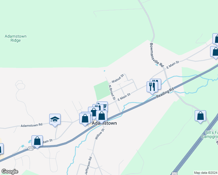 map of restaurants, bars, coffee shops, grocery stores, and more near 160 North Broad Street in Reinholds