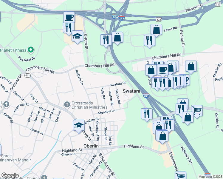map of restaurants, bars, coffee shops, grocery stores, and more near 1390 Dayton Road in Harrisburg