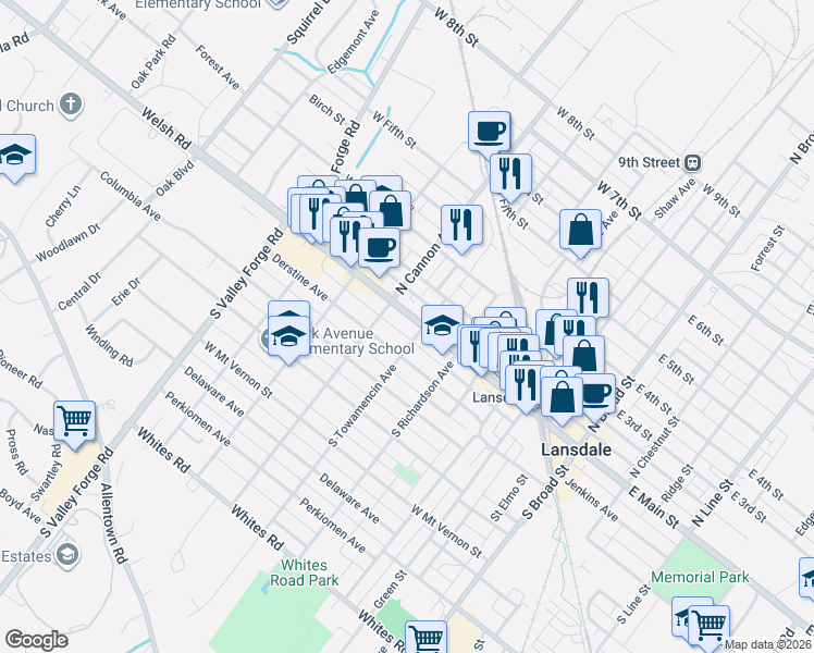 map of restaurants, bars, coffee shops, grocery stores, and more near 611 Derstine Avenue in Lansdale