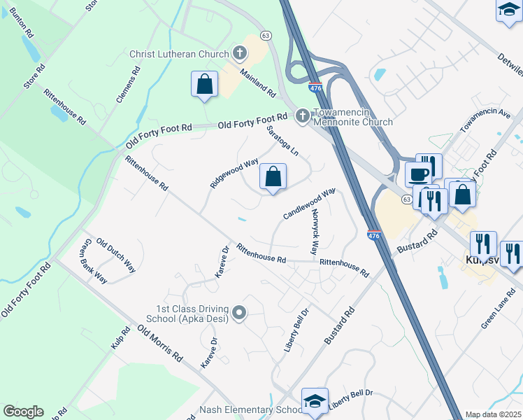 map of restaurants, bars, coffee shops, grocery stores, and more near 5 Hackney Way in Harleysville