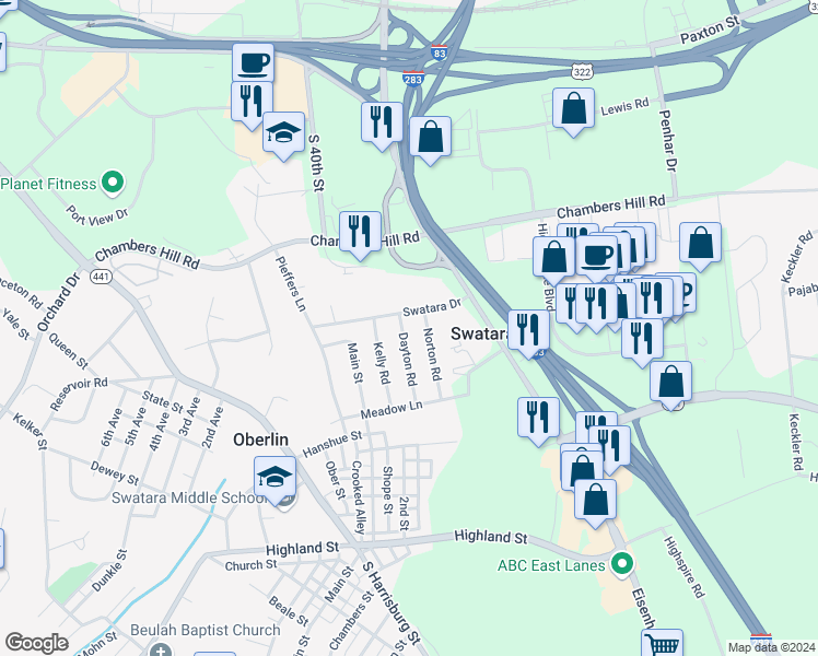 map of restaurants, bars, coffee shops, grocery stores, and more near 1390 Dayton Road in Harrisburg