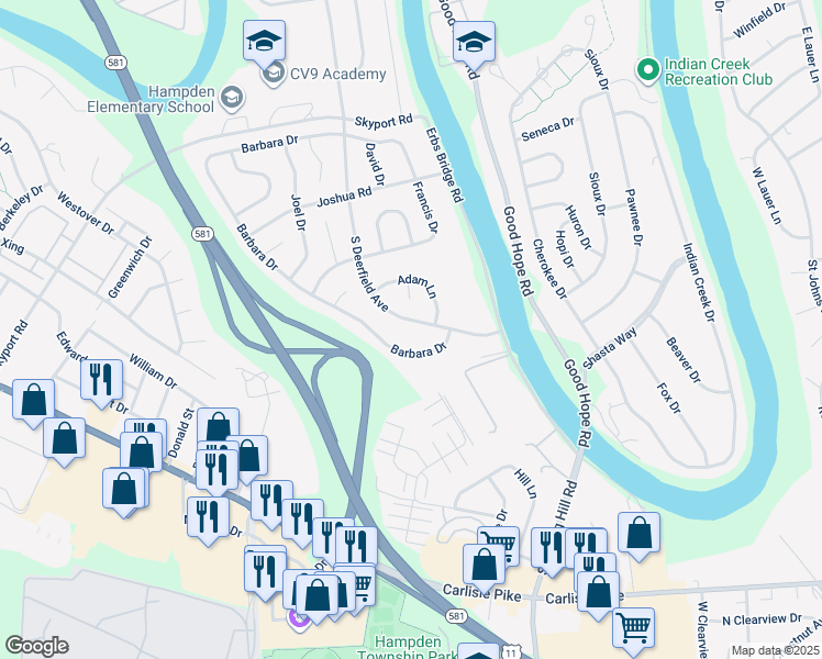 map of restaurants, bars, coffee shops, grocery stores, and more near 5106 South Deerfield Avenue in Mechanicsburg
