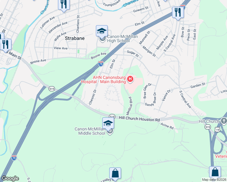 map of restaurants, bars, coffee shops, grocery stores, and more near 125 Sedeca Drive in Canonsburg