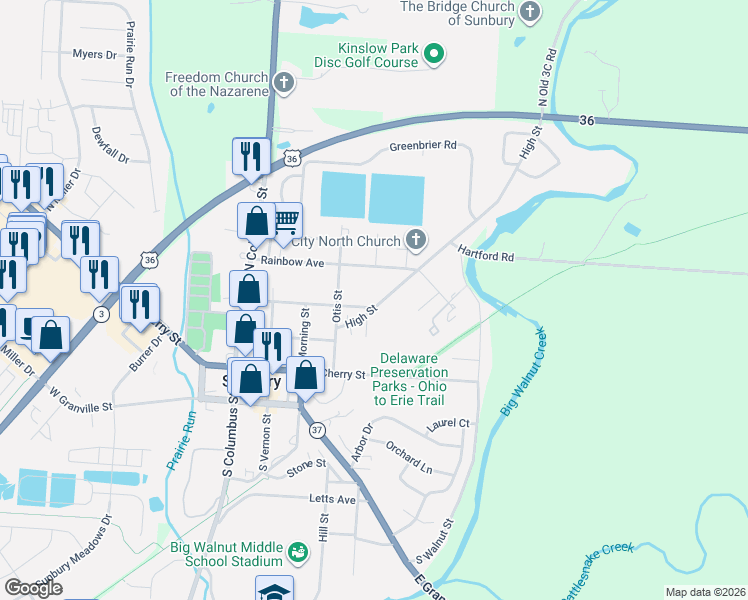 map of restaurants, bars, coffee shops, grocery stores, and more near 107 High Street in Sunbury