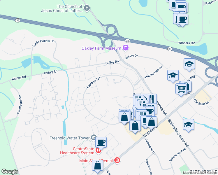 map of restaurants, bars, coffee shops, grocery stores, and more near 21 Pagoda Lane in Freehold