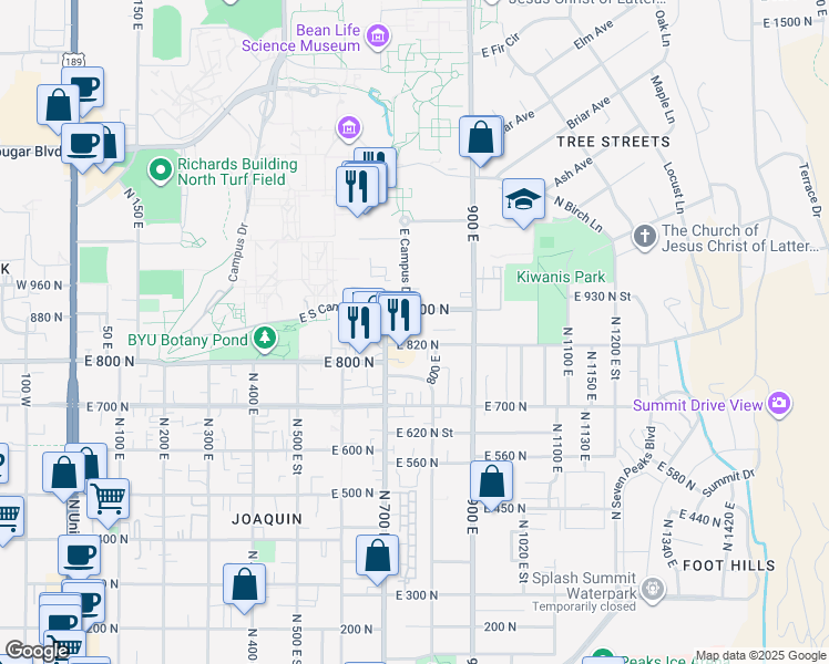map of restaurants, bars, coffee shops, grocery stores, and more near 761 East 820 North in Provo