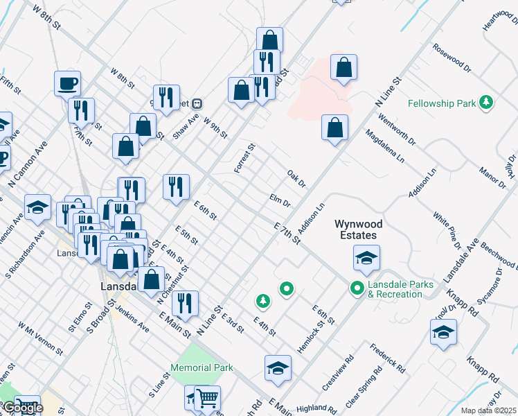 map of restaurants, bars, coffee shops, grocery stores, and more near 129 East 7th Street in Lansdale