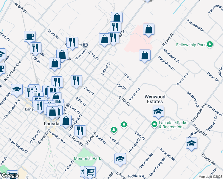 map of restaurants, bars, coffee shops, grocery stores, and more near 129 East 7th Street in Lansdale