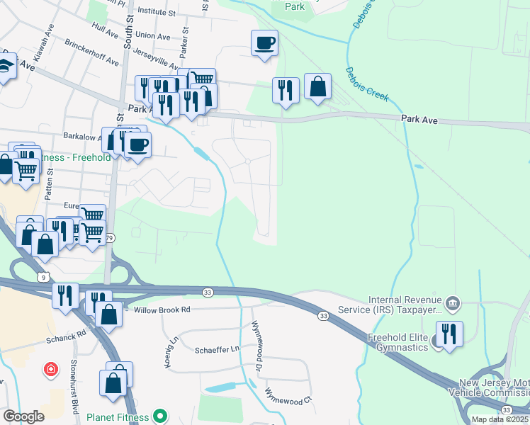 map of restaurants, bars, coffee shops, grocery stores, and more near 14 Stuart Drive in Freehold