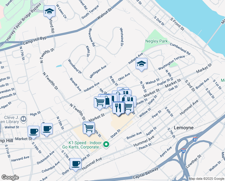 map of restaurants, bars, coffee shops, grocery stores, and more near 826 Pennsylvania Avenue in Lemoyne