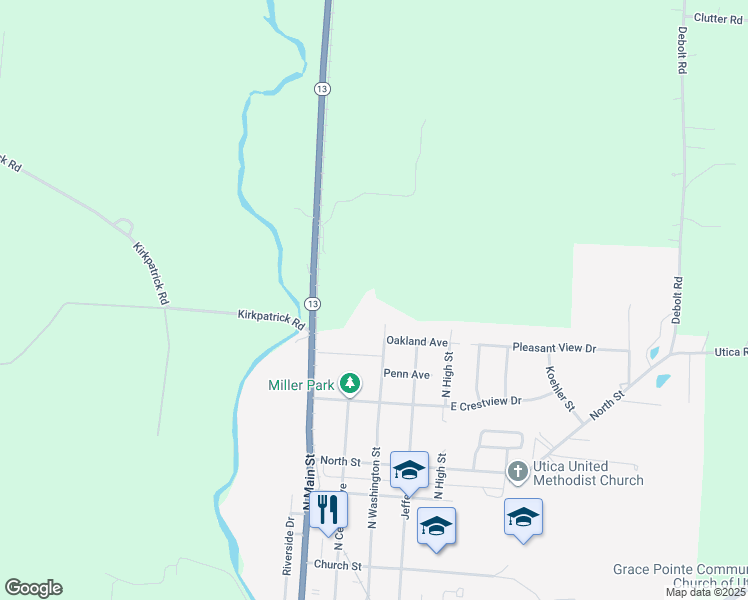 map of restaurants, bars, coffee shops, grocery stores, and more near 725 North Washington Street in Utica