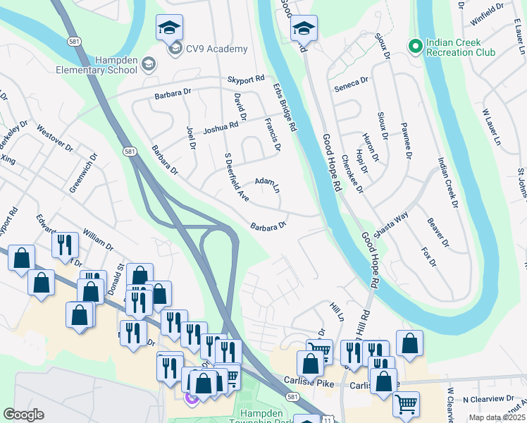 map of restaurants, bars, coffee shops, grocery stores, and more near 5106 South Deerfield Avenue in Mechanicsburg