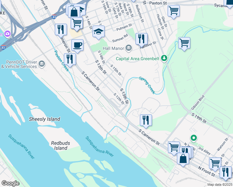 map of restaurants, bars, coffee shops, grocery stores, and more near 1503 South 12th Street in Harrisburg