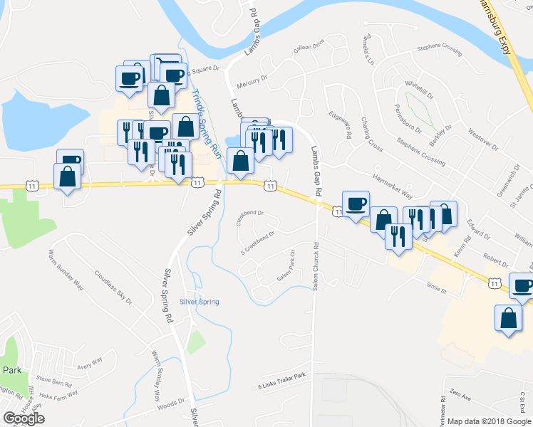 map of restaurants, bars, coffee shops, grocery stores, and more near 6444 Creekbend Drive in Mechanicsburg