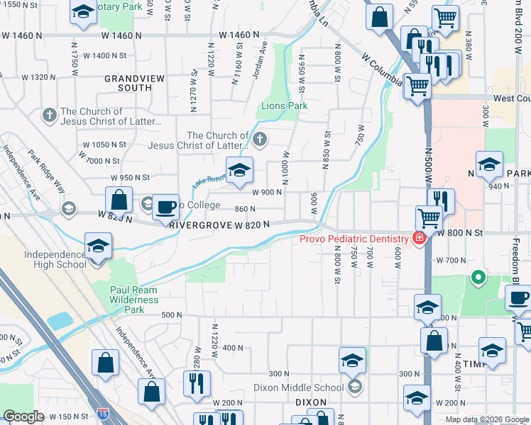 map of restaurants, bars, coffee shops, grocery stores, and more near 1075 860 North in Provo
