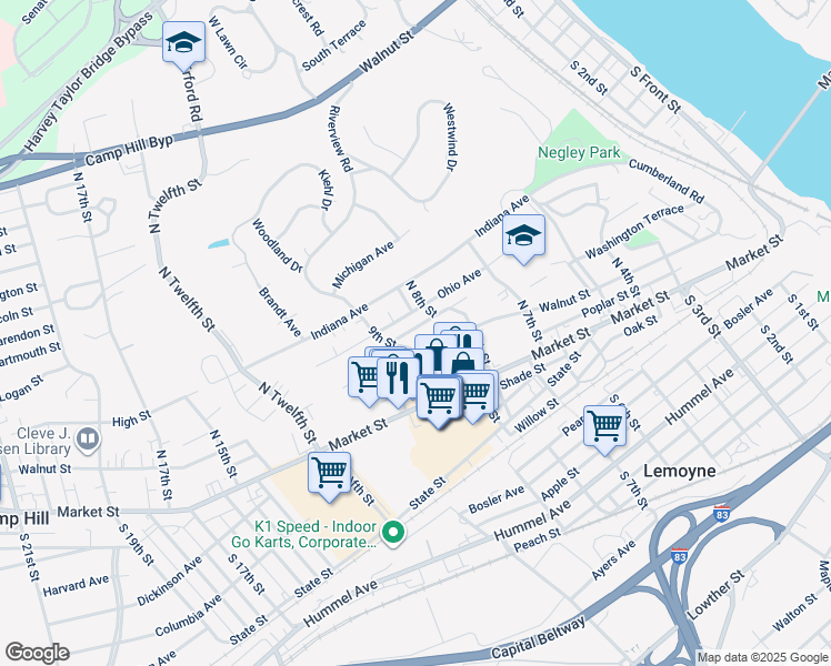 map of restaurants, bars, coffee shops, grocery stores, and more near 826 Pennsylvania Avenue in Lemoyne