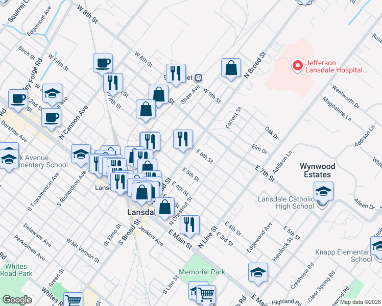 map of restaurants, bars, coffee shops, grocery stores, and more near 516 North Broad Street in Lansdale