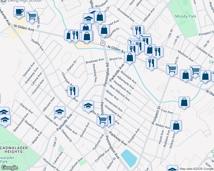 map of restaurants, bars, coffee shops, grocery stores, and more near 7 New Hillcrest Avenue in Trenton