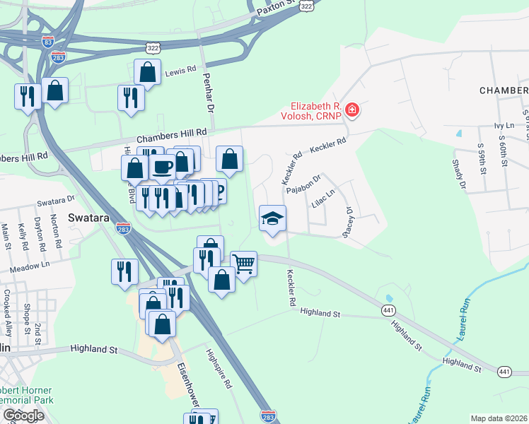 map of restaurants, bars, coffee shops, grocery stores, and more near 790 Winding Lane in Harrisburg