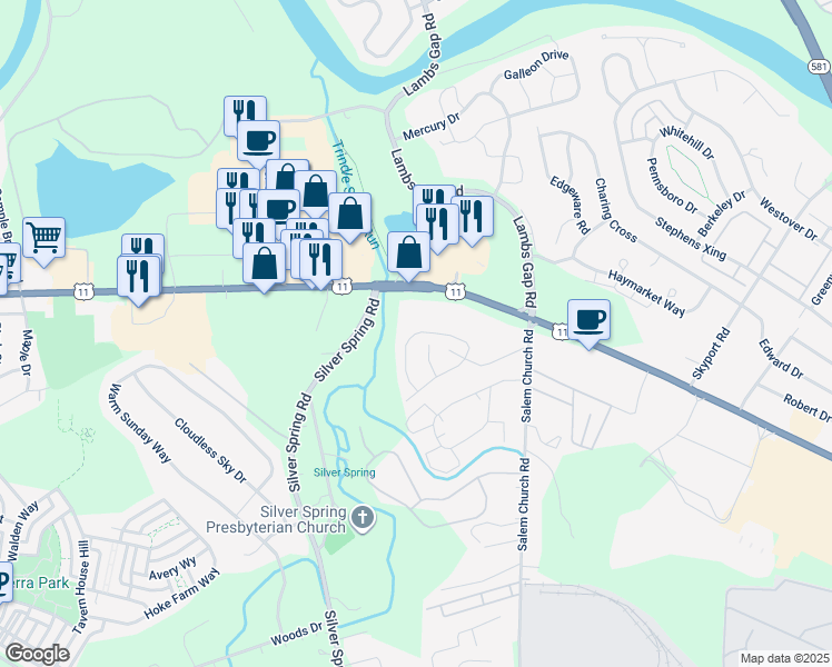 map of restaurants, bars, coffee shops, grocery stores, and more near 6304 Creekbend Drive in Cumberland County