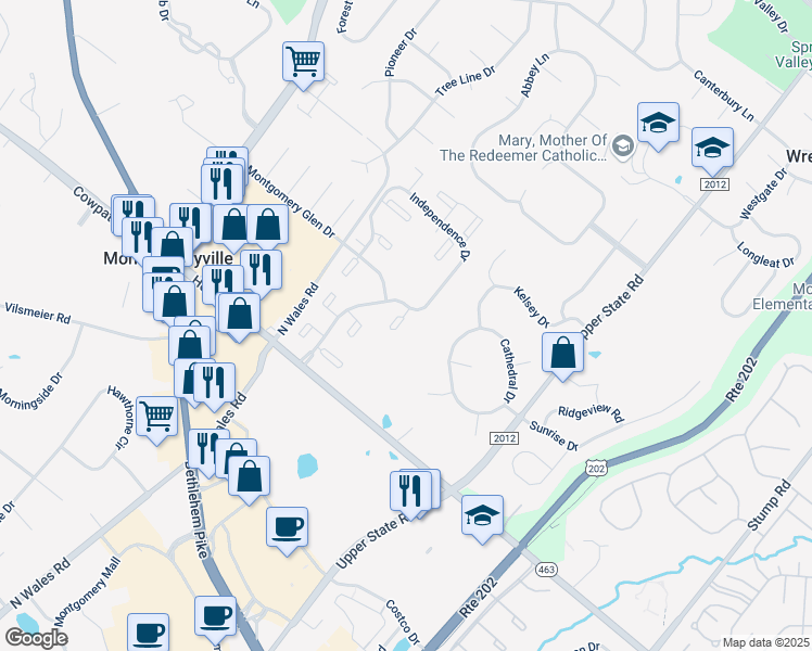 map of restaurants, bars, coffee shops, grocery stores, and more near 107 Rutledge Court in North Wales