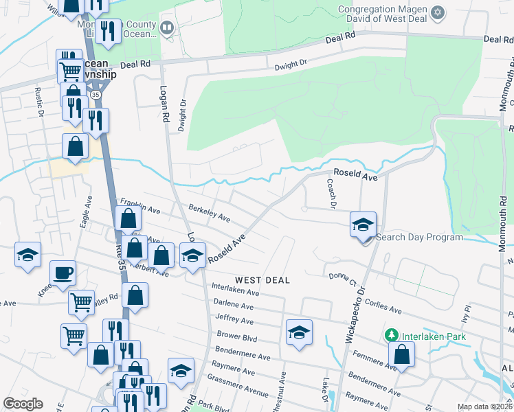 map of restaurants, bars, coffee shops, grocery stores, and more near 1003 Brookside Avenue in Wanamassa