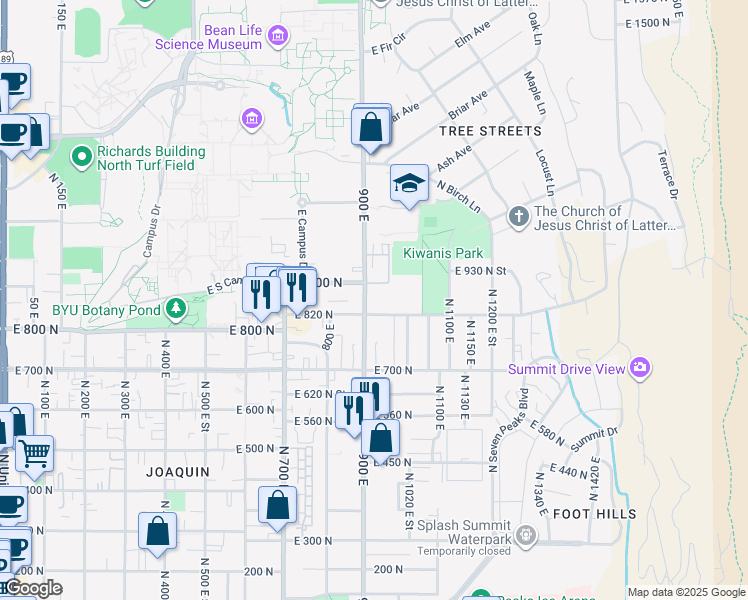 map of restaurants, bars, coffee shops, grocery stores, and more near 915 East 820 North in Provo