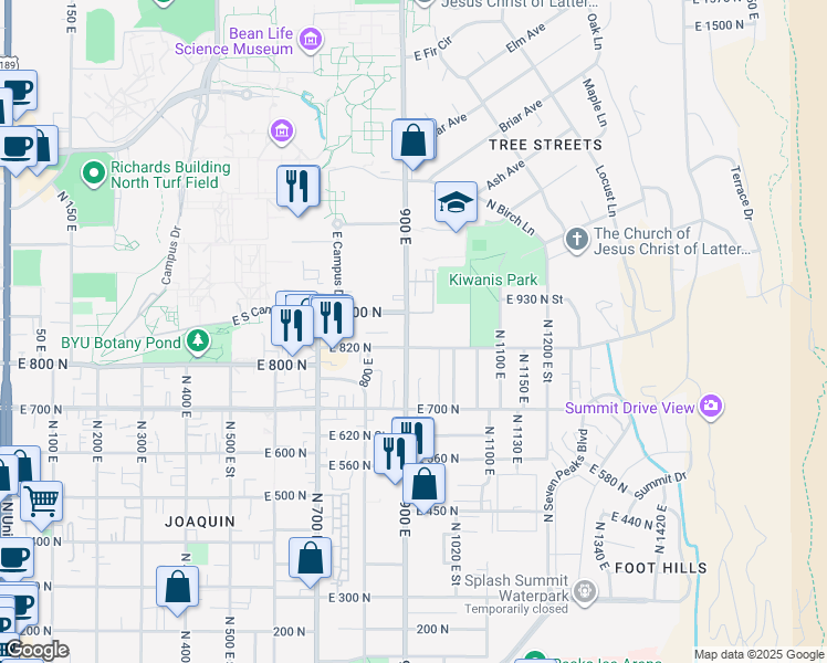 map of restaurants, bars, coffee shops, grocery stores, and more near 907 East 820 North in Provo