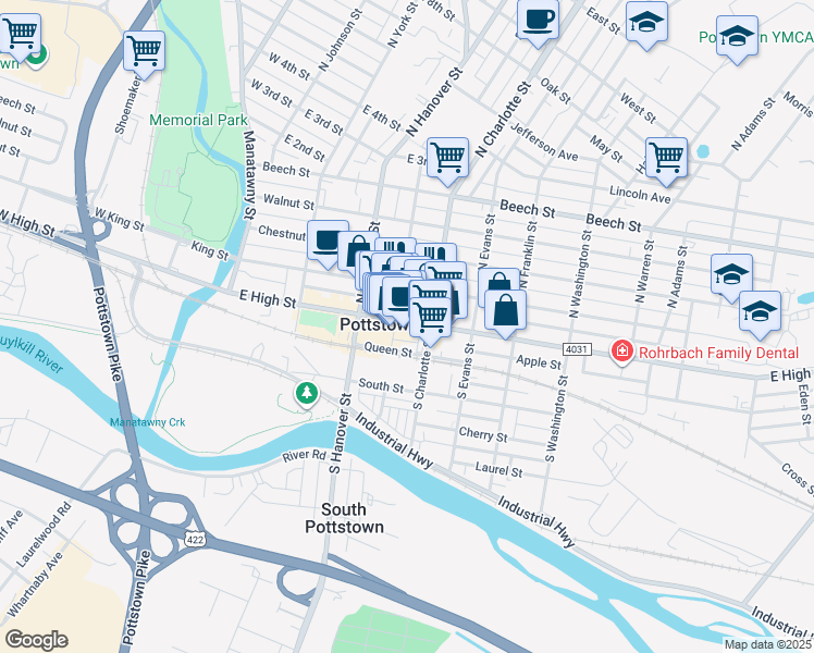 map of restaurants, bars, coffee shops, grocery stores, and more near 250 East High Street in Pottstown