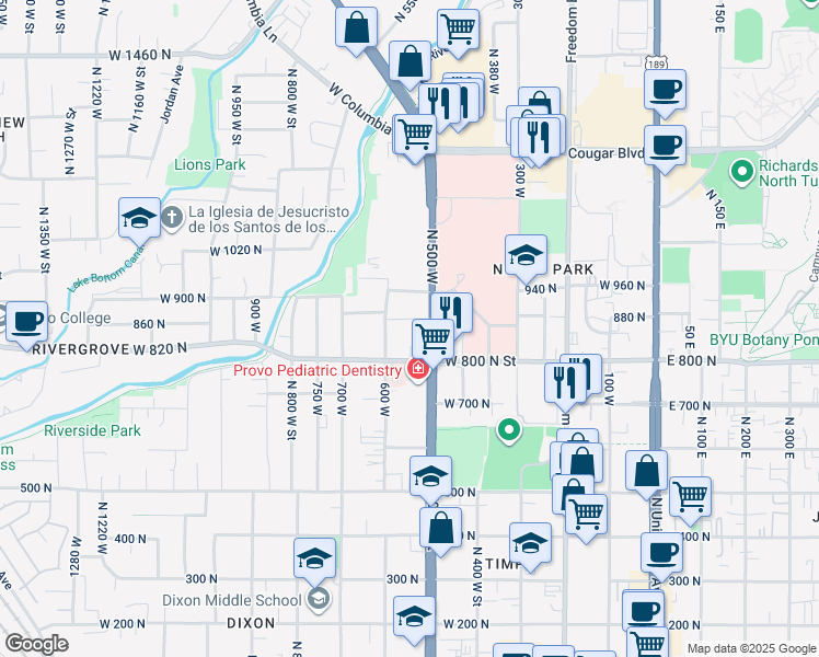 map of restaurants, bars, coffee shops, grocery stores, and more near 848 600 West in Provo