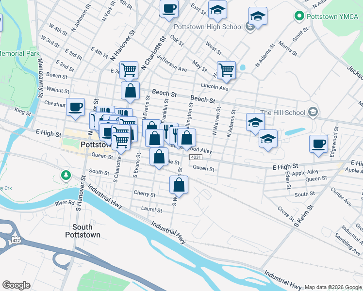 map of restaurants, bars, coffee shops, grocery stores, and more near 501 East High Street in Pottstown
