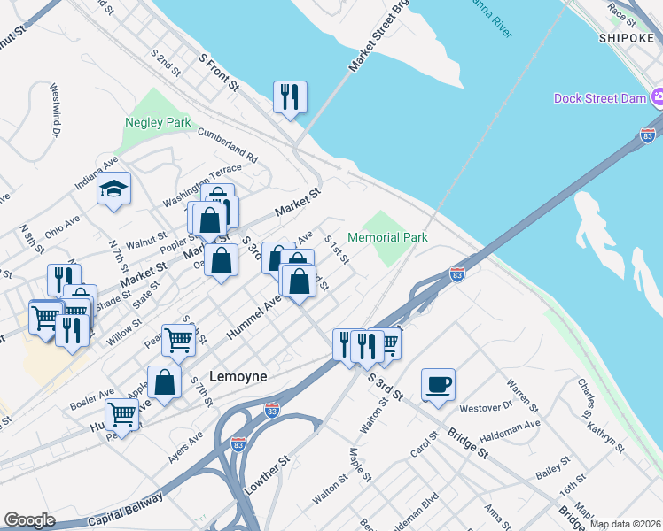 map of restaurants, bars, coffee shops, grocery stores, and more near 136 Hummel Avenue in Lemoyne
