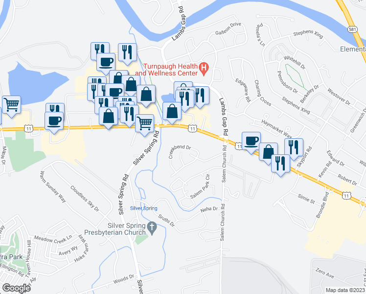 map of restaurants, bars, coffee shops, grocery stores, and more near 6427 Creekbend Drive in Mechanicsburg