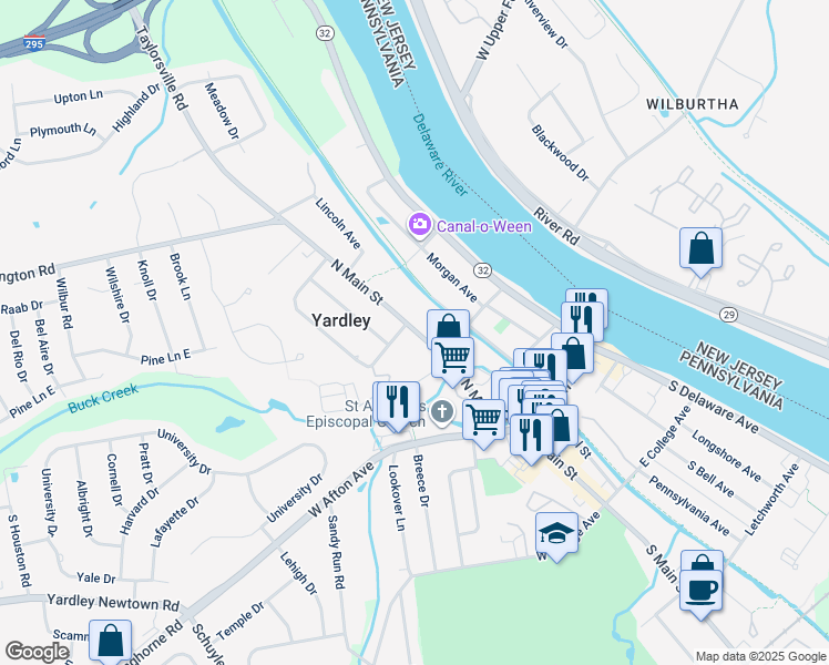 map of restaurants, bars, coffee shops, grocery stores, and more near 109 North Main Street in Yardley