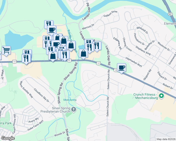 map of restaurants, bars, coffee shops, grocery stores, and more near 6421 Creekbend Drive in Mechanicsburg