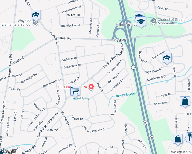 map of restaurants, bars, coffee shops, grocery stores, and more near 33 Ellen Court in Monmouth County