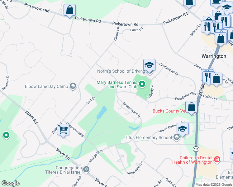 map of restaurants, bars, coffee shops, grocery stores, and more near 2426 Greensward North in Warrington