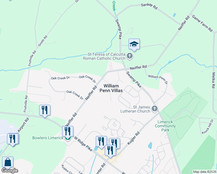 map of restaurants, bars, coffee shops, grocery stores, and more near 43 Roberta Lane in Royersford