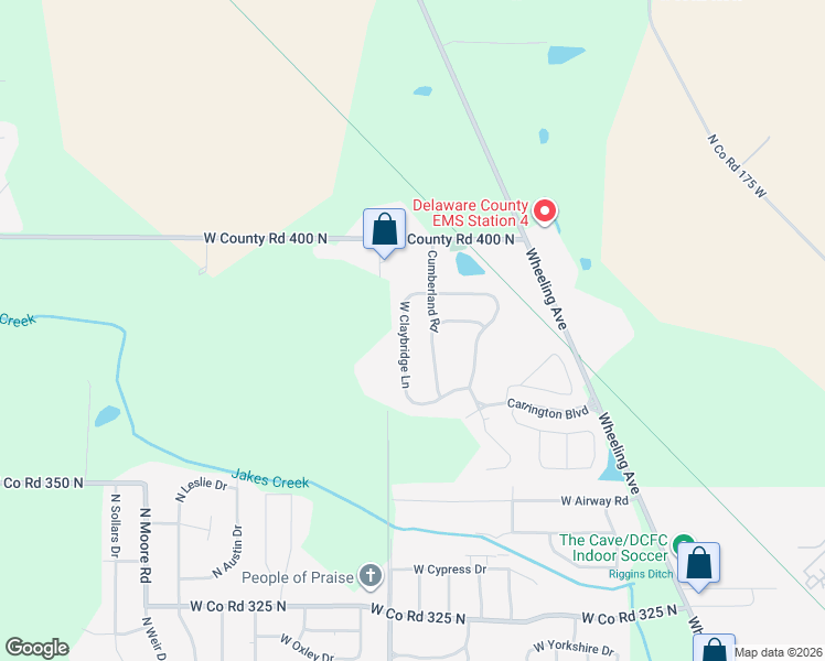 map of restaurants, bars, coffee shops, grocery stores, and more near 6109 Cumberland Road in Muncie