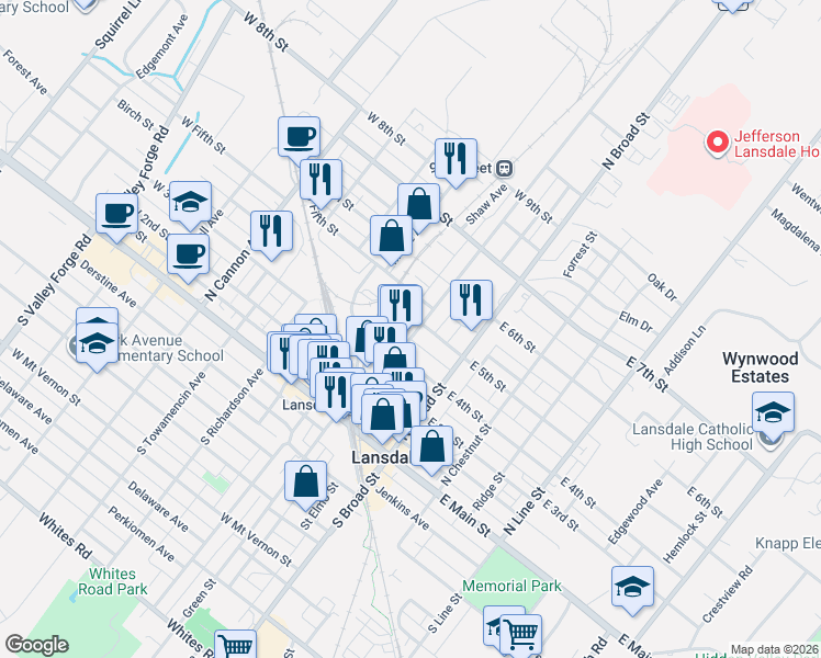map of restaurants, bars, coffee shops, grocery stores, and more near 405 Pierce Street in Lansdale