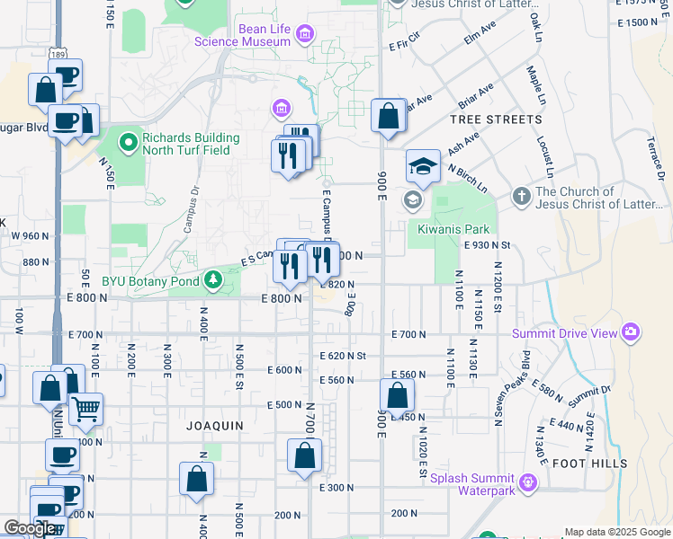 map of restaurants, bars, coffee shops, grocery stores, and more near 785 East 820 North in Provo