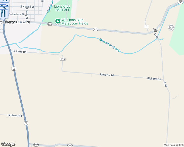 map of restaurants, bars, coffee shops, grocery stores, and more near 283 Township Road 175 in West Liberty