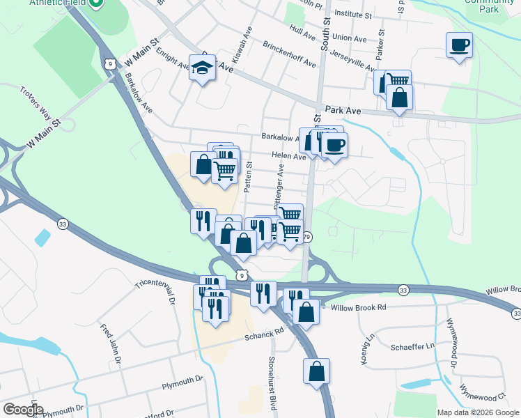 map of restaurants, bars, coffee shops, grocery stores, and more near 71 Moreau Avenue in Freehold