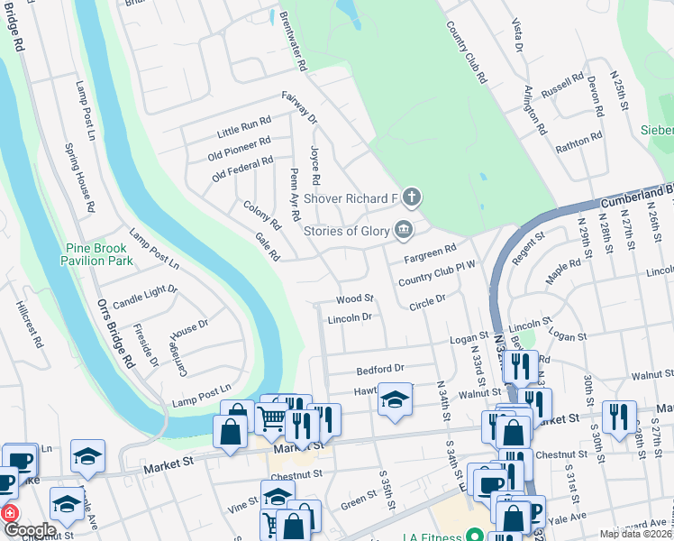 map of restaurants, bars, coffee shops, grocery stores, and more near 47 Old Farm Road in Camp Hill