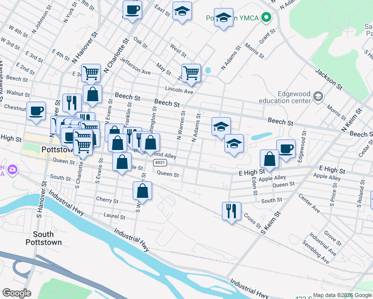 map of restaurants, bars, coffee shops, grocery stores, and more near 619 King Street in Pottstown