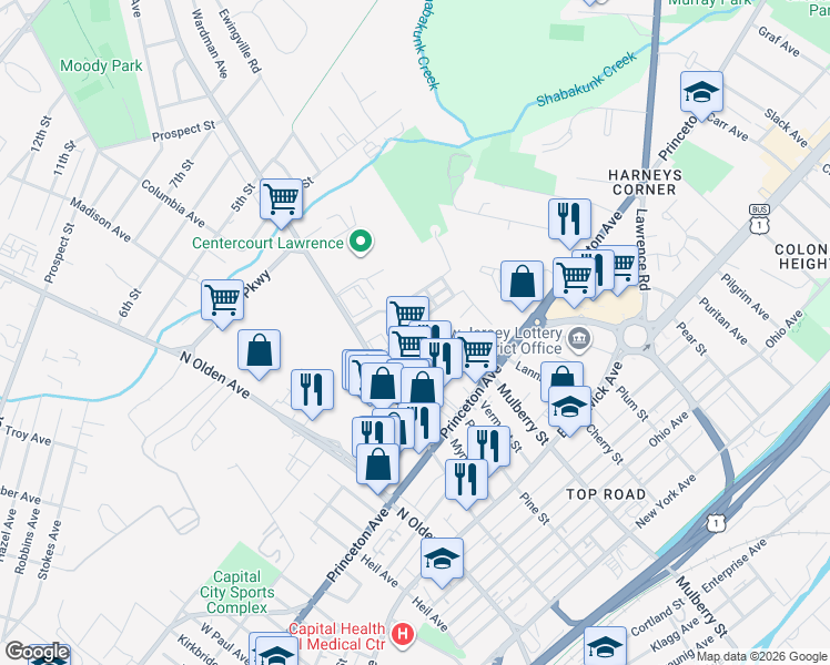 map of restaurants, bars, coffee shops, grocery stores, and more near 970 Spruce Street in Lawrence Township